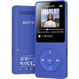 AGPTEK A02 MP3 Player with Bluetooth 5.3, 1.8 inch Screen Portable Music Player with Speaker, FM Radio, Voice Recorder, Supports Expanded Up to 128GB(Blue, 32GB)