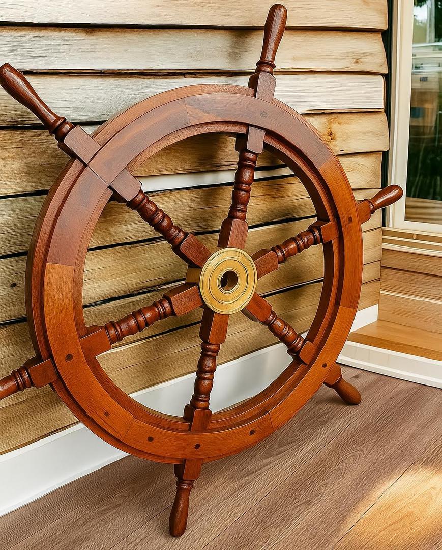 Bhartiya Handicrafts Nautical Ship Wheel for Wall Decor Rustic Wooden Pirate Boat Steering Wheel with Brass Hub  Handmade Captains Wheel for Nautical, Beach & Coastal Dcor (18 Inch)