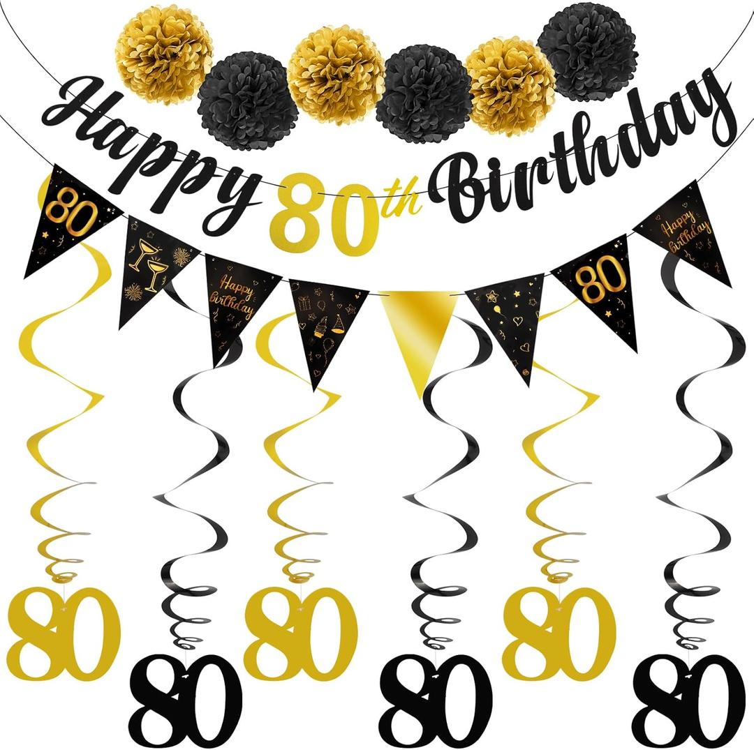 TOBATOBA 80th Birthday Decorations Kit for Men Women, Black Gold Happy 80th Birthday Banner, Triangle Flag Banner 80th Birthday Party Decorations, Swirl Streamers Paper Pompoms Party Supplies