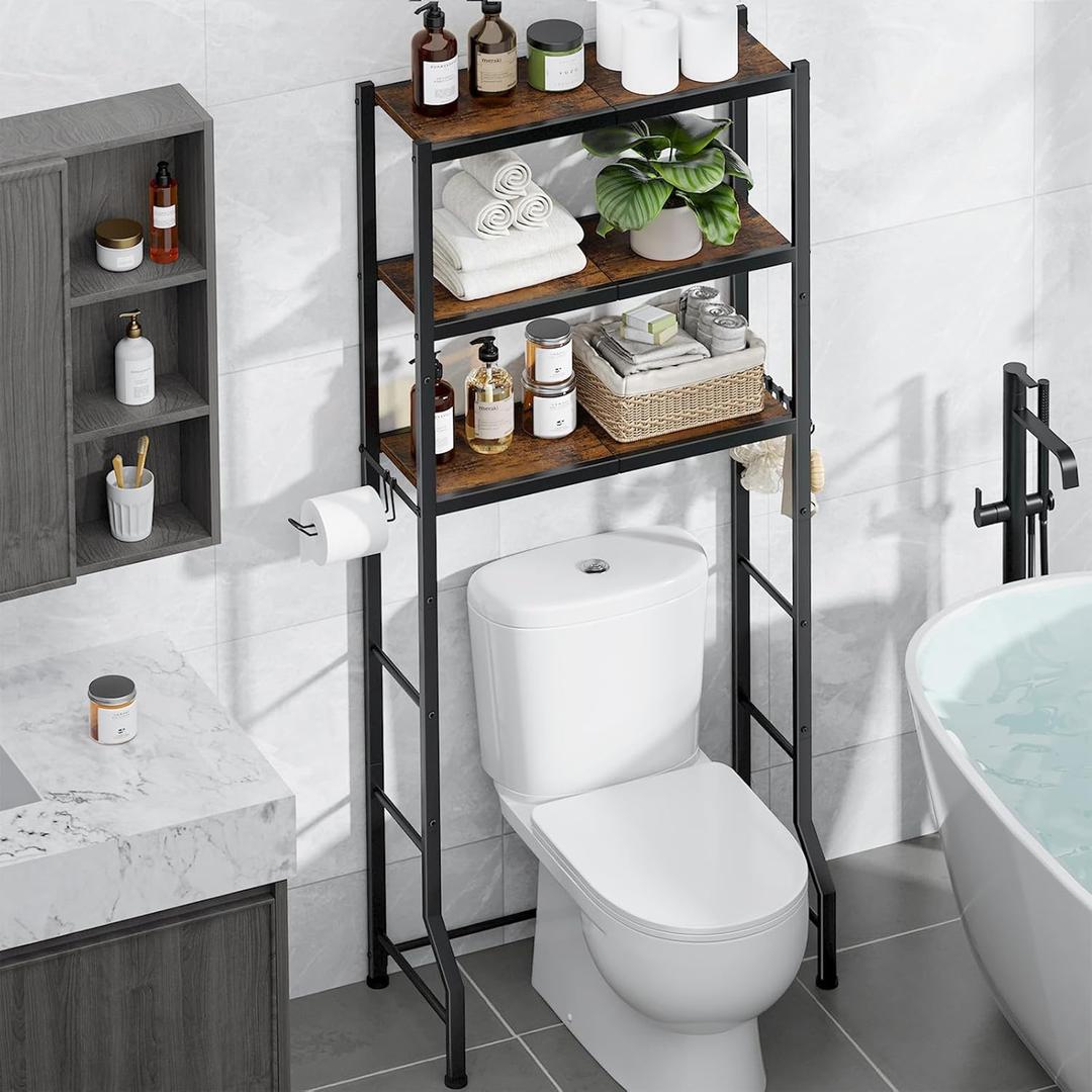 Kitsure Over The Toilet Storage Rack - Freestanding Over The Toilet Storage Cabinet with Paper Holder & Hooks, Bathroom Organizers and Storage, Brown + Black, 3 Tiers (61" H)