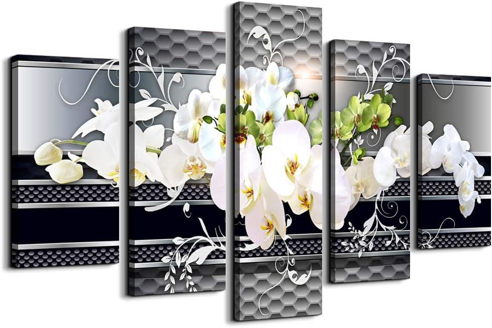 5 Piece Wall decor Canvas art for living room Picture Butterfly Orchid Flowers Contemporary Black White Abstract prints Modern Home bedroom Wall decorations inspirational wall art posters artwork (40"W x 20"H, Grey Relief Art Painting)