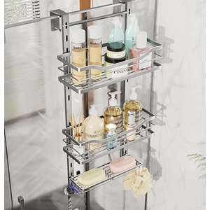 SWTYMIKI Over the Door Shower Caddy - 3 Tier Adjustable Shower Organizer Hanging with Soap Holder, No Drilling Stainless Steel Bathroom Rack Hanging for Body Wash, Shampoo, Soap, Razor, Silver