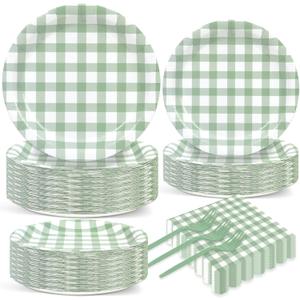 200 Pcs Sage Green Gingham Tableware Set Green And White Checkered Party Supplies Disposable Plaid Paper Plates Napkins Dinnerware Set Girls Barbecue Picnic BBQ Birthday Decoration Serve 50 Guest
