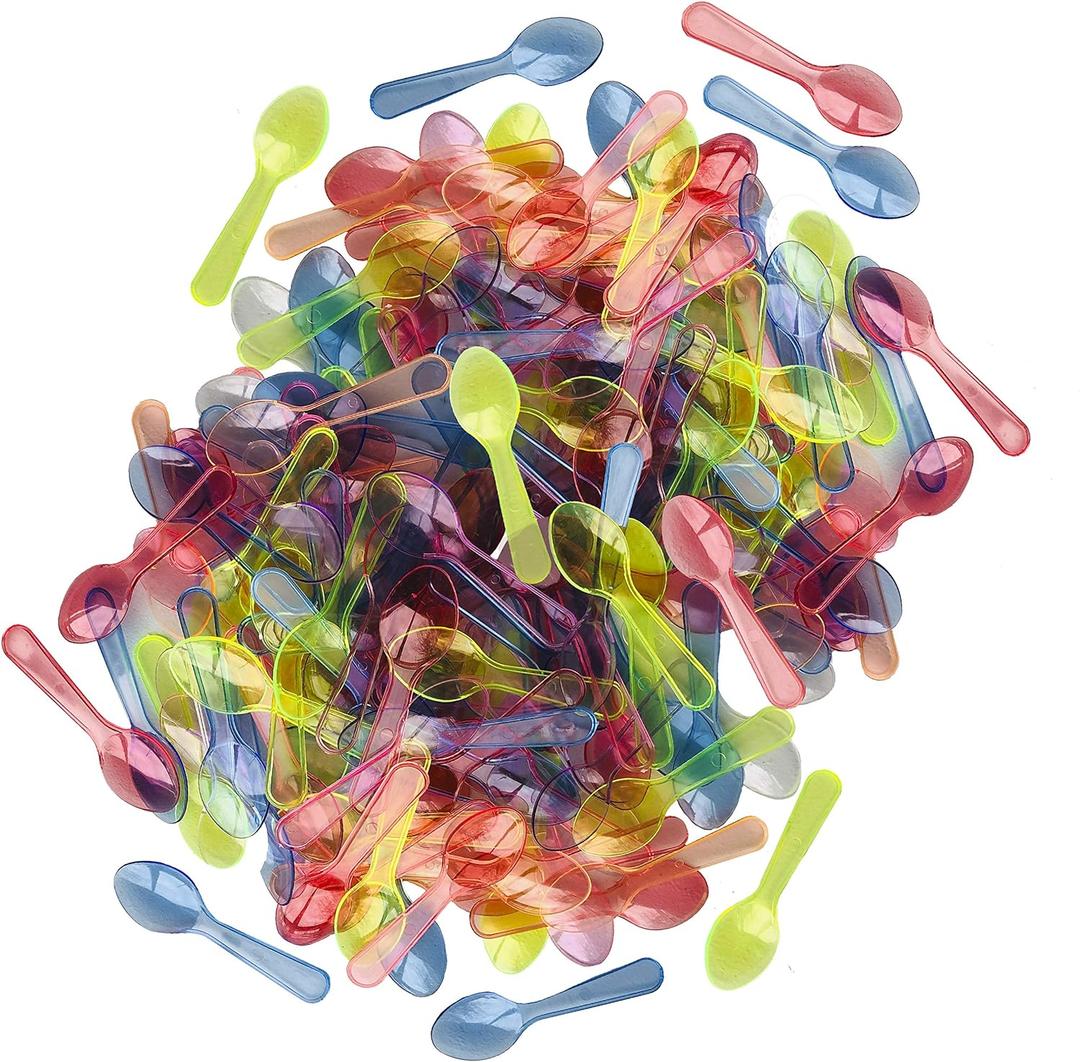 Mini Taster Spoons - Clear Plastic - Blue, Pink, Green, Yellow, Orange - 150 Pack by Outside the Box Papers