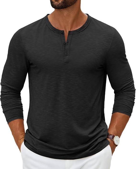 COOFANDY Men's Henley Shirts Long Sleeve Basic Pullover T-Shirt Fashion Lightweight Button Tees Dark Grey