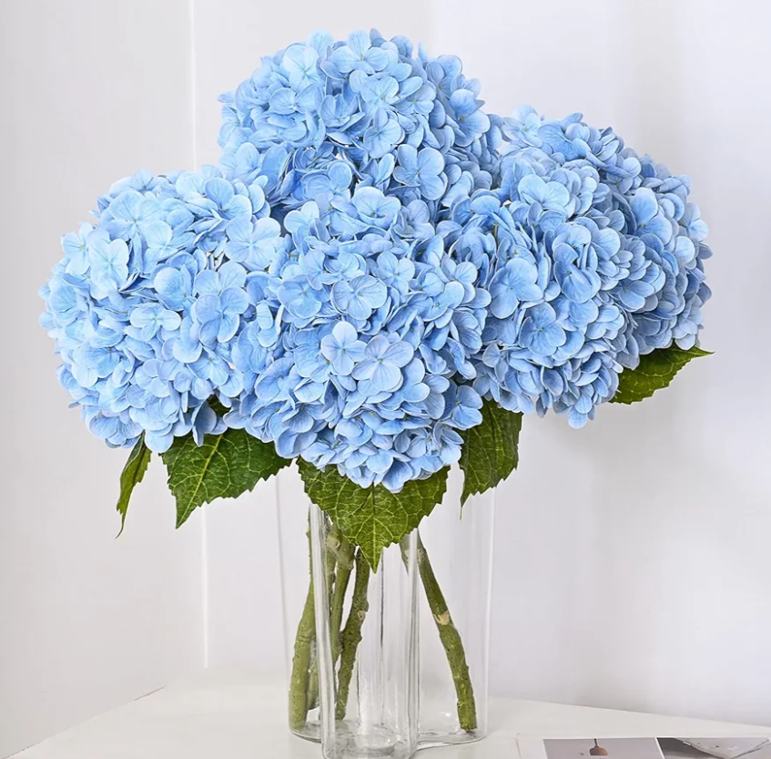Fake Blue Hydrangea Artificial Flowers Bouquet 3pcs Real Touch Silk Fake Hydrangeas Heads with 176 Petals and Stems Blue Faux Hydrangeas Flowers for Table Centerpieces Party Floral Arrangements