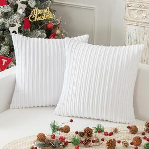 Kevin Textile 2 Pack Decorations Super Soft Striped Corduroy Large Throw Pillow Sham Cushion Cover Living Room, 20 x 20 Inch (50cm), Pure White