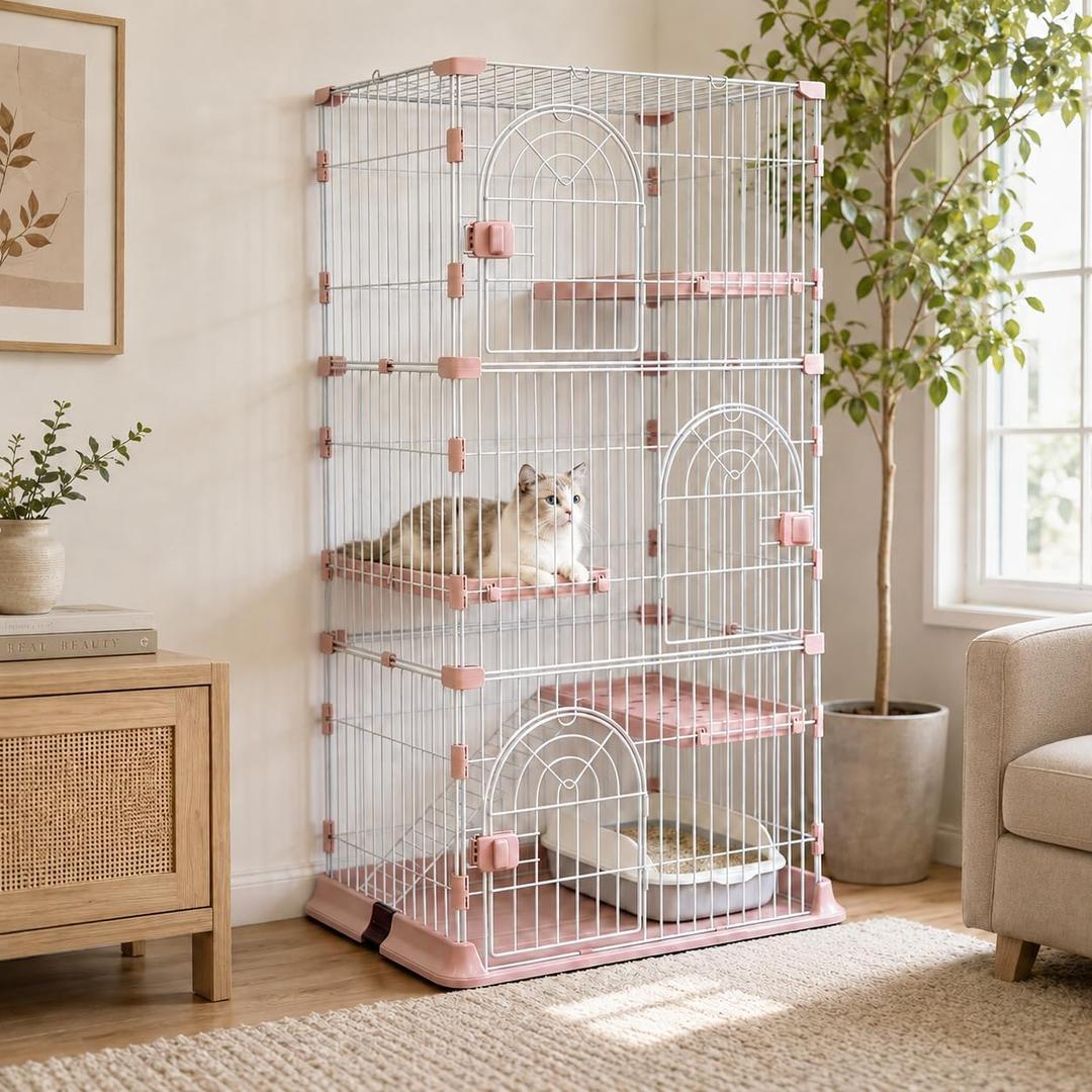 Cat Cage for Indoor Cats, DlY Catio & Cat Playpen with Escape-Proof Spacing, Sturdy Metal Cat Crate Kennel for Kittens, Ferrets & Small Animals (Pink, 3-Tier 64")