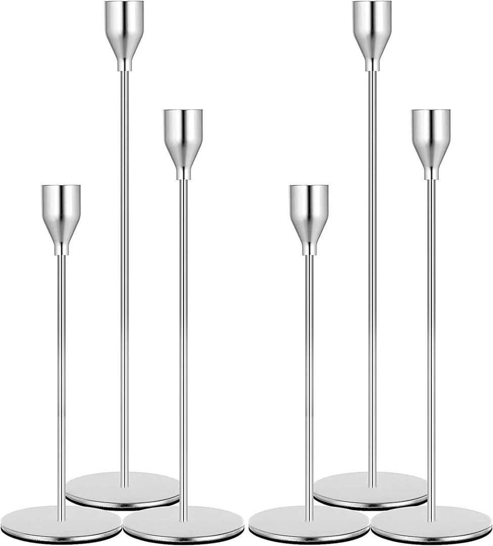 Denique Candlestick Holders 2 Sets, 6 PCS Silver Taper Candle Holders, Candlestick Holders Set for Table Centerpiece Vintage Modern Candle Holders for Home Wedding Decoration