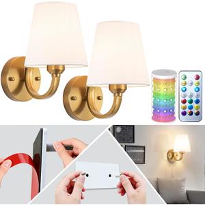 Peel and Stick Wall Sconces, Stick On Wall Sconces Battery Operated, Wireless Adhesive Wall Sconce with 10000mAh Battery Corn Bulb, No Drilling Wall Lamp for Bedroom Living Room (Brass)