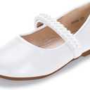 Hehainom Toddler Flower Girls Dress Shoes, Mary Jane Princess Ballet Flats with Bow and Peals for Party School, Size 12 Little Kid