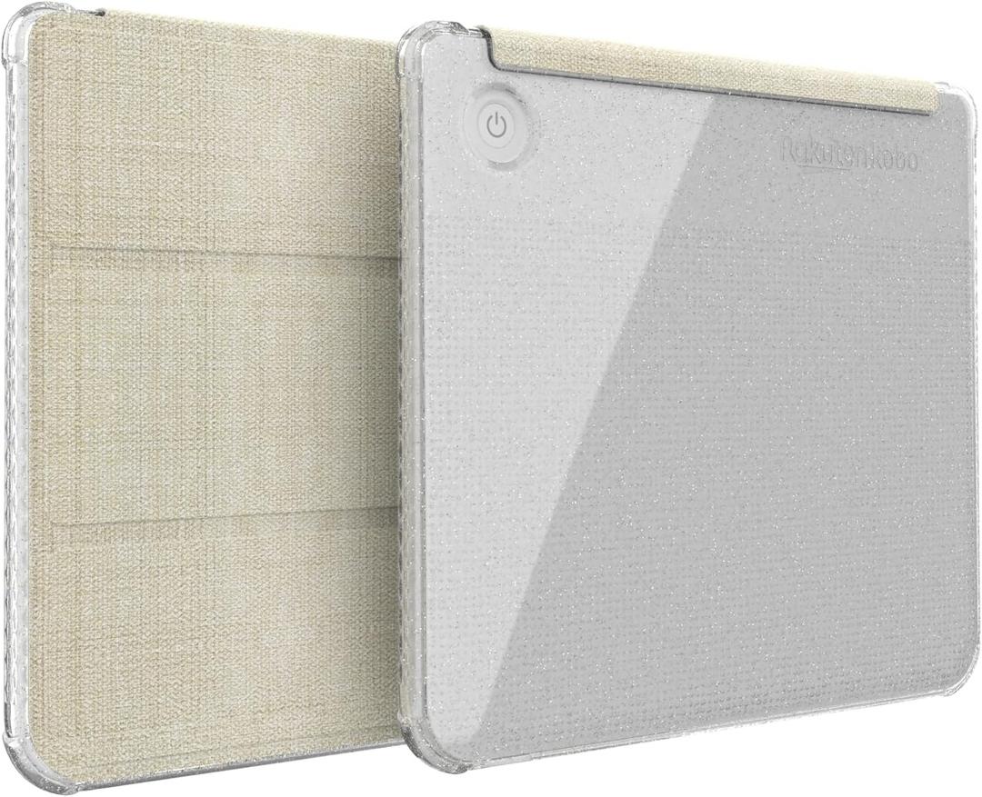 TUDIA SKN FLIP Designed for Kobo Libra Colour Case (2024) - [Auto Wake/Sleep Technology] Shockproof Slim Transparent TPU Back with Trifold Leather eReader Cover - Glitter Beige