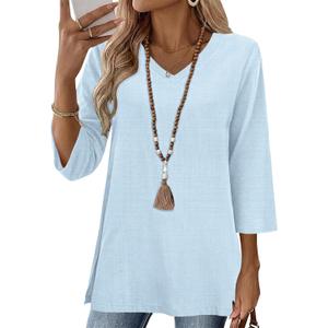 AKEWEI 3/4 Length Sleeve Cotton Linen Womens Tops V Neck Loose Fit Dressy Casual Blouse Flowy Shirts Womens Clothing, XXL