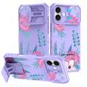 ZIYE for iPhone 16 Plus Case with Camera Cover and Stand, Aesthetic Floral Flower Design for Women Girls, Adjustable Kickstand Dual Layer Shockproof Protective Cover, Purple