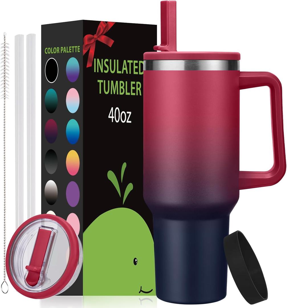 40 oz Insulated Tumblers with Handle and Straw Travel Cups Mugs Insulated Water Bottle for Hot and Cold (Rose Purple)