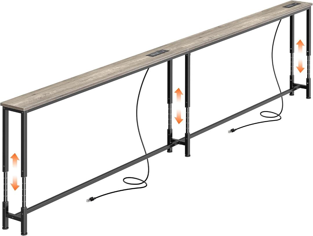 Huuger 102.4 Inch Sofa Table with Power Outlets, 23.9-34.4 Height Adjustable Range, Behind Couch Table with USB-C Ports, Sofa Tables Narrow Long, Skinny Console Table, Small Spaces, Oak
