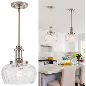 Modern Pendant Lights Kitchen Island, Brushed Nickel Pendant Light Fixtures with 10" Clear Hammered Glass Shade, Industrial Hanging Pendant Lights Fixture for Kitchen Island Dining Room Bedroom Foyer