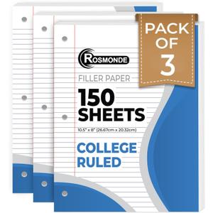 Rosmonde Loose Leaf Paper, 450 Sheets, 3 Pack, College Ruled Paper, 8" x 10.5", Bulk Office Filler Paper, 3 Hole Punched, 150 Sheets/Pack, 56 gsm Paper, College Ruled Notebook Paper for Binder, White