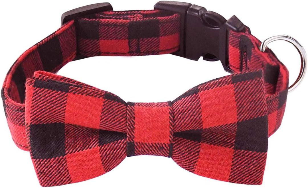 Malier Dog Collar with Bow tie, Classice Plaid Pattern Dog Collar with Bow tie and Durable Buckle Collar for Small Medium Large Dogs Puppy (X-Small, Red)