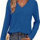 PRETTYGARDEN Fall Fashion 2026 Long Sleeve Shirts for Women Ribbed Knit V Neck Dressy Casual Lightweight Sweaters Tunic Tops (Blue, XXL)