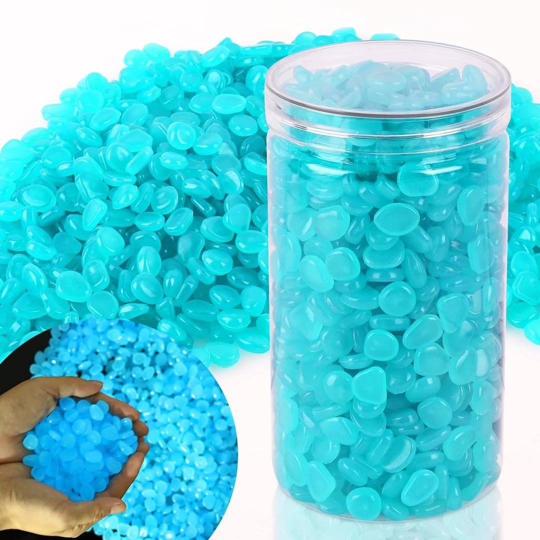 1000pcs Glow in The Dark Rocks Outdoor Decorations Stones Small Luminous Pebbles for Fish Tank Aquarium Lawn Patio Garden Indoor/Outdoor Decor and DIY Ideas -Light Blue