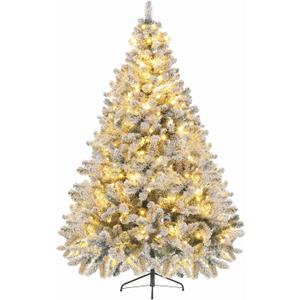 Artificial Christmas Tree, 4.5Ft Fake Christmas Trees with Lights, Snow Flocked Pencil Spruce Xmas Tree Foldable Stand Hinged for Home, Party, Office Decoration