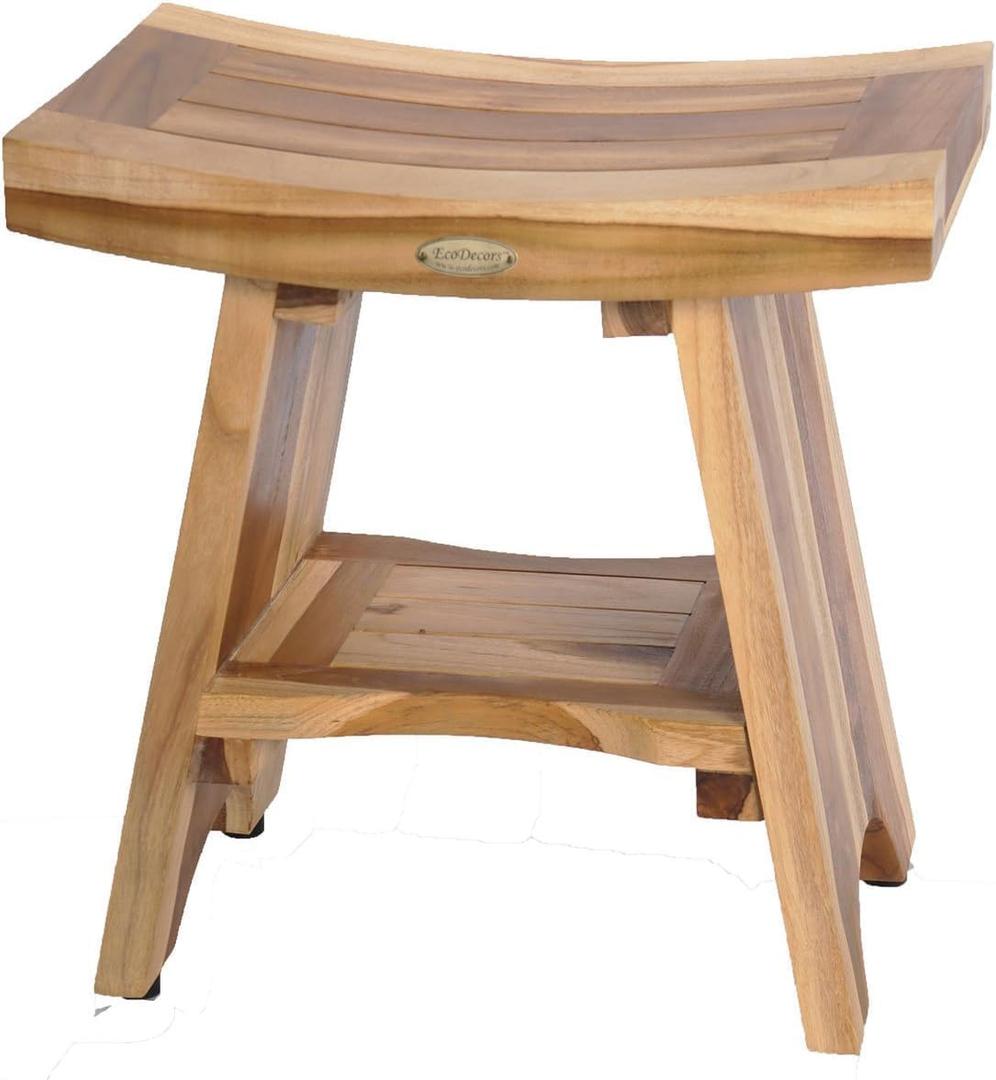 EcoDecors 18 Inch Serenity 300 Pound Capacity Waterproof Teak Wood Shower Bench Stool Seat Chair For Inside Shower Storage Shelf Provides Safety, and Storage, For Bathroom Accessories Natural Color