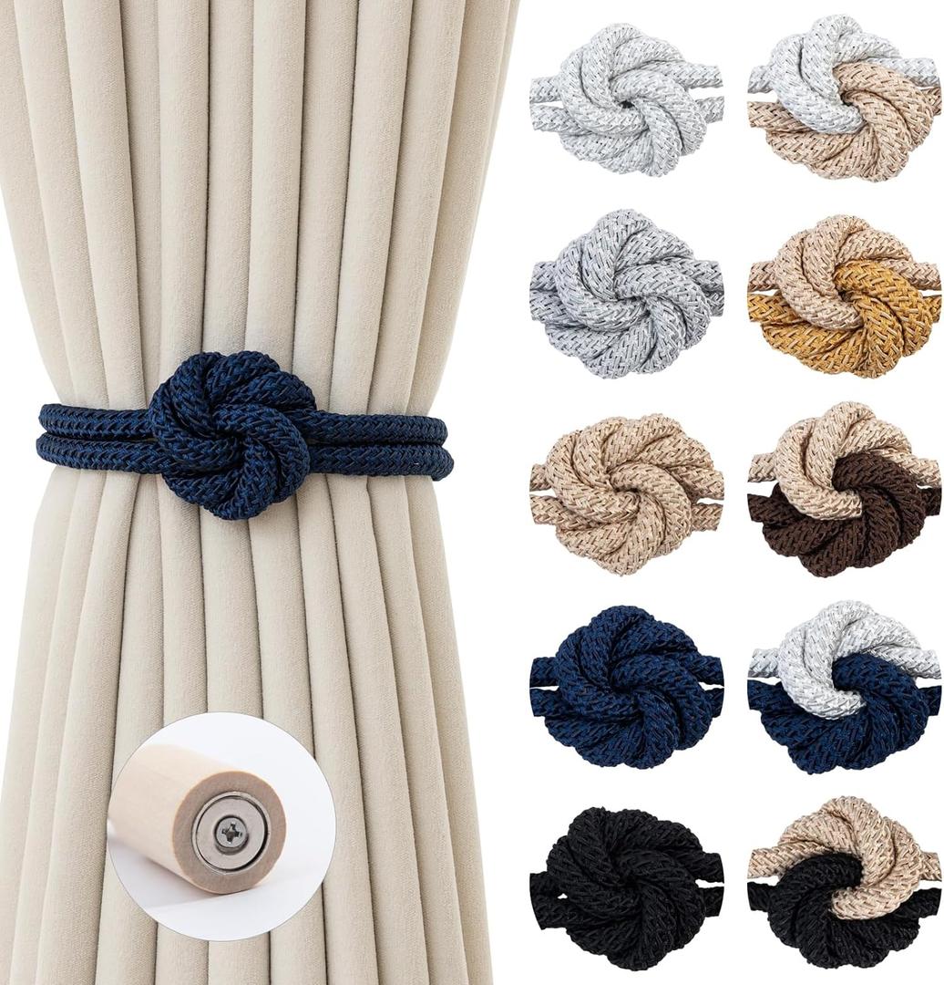 Magnetic Curtain Tiebacks Holdbacks - Wood Tie Backs Rope Holder with Floral Knot Design for No Drill Easy Install, Modern Boho Home Decor (8Pack, Navy)