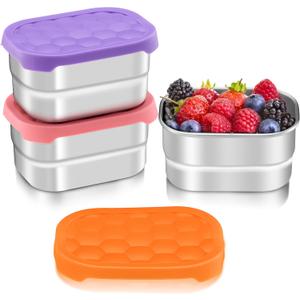 HaWare Stainless Steel Snack Containers for Toddlers and Kids, 8 oz Leak Proof Food Storage Containers with Silicone Lids, Stackable & Reusable Small Metal Lunch Box for Daycare and School- 3 Packs (Colorful)