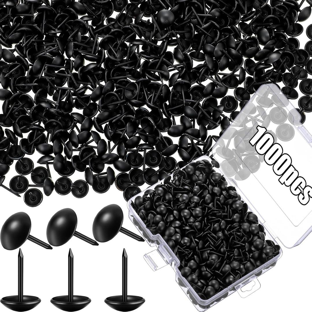 Outus 1000 Pcs Black Upholstery Tacks 7/16 Inch Decorative Furniture Tacks Thumb Pins Upholstery Nails with Storage Box for Upholstered Furniture Cork Board DIY Project Home Decor 11 x 17 mm (Black)