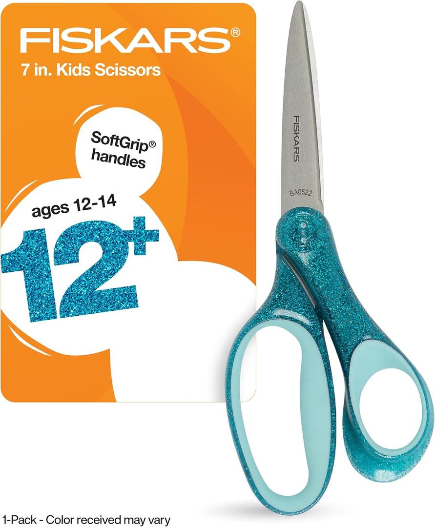 Fiskars 7" SoftGrip Student Glitter Scissors (1-Pack) for Kids Ages 12-14, Scissors for School or Crafting, Back to School Supplies