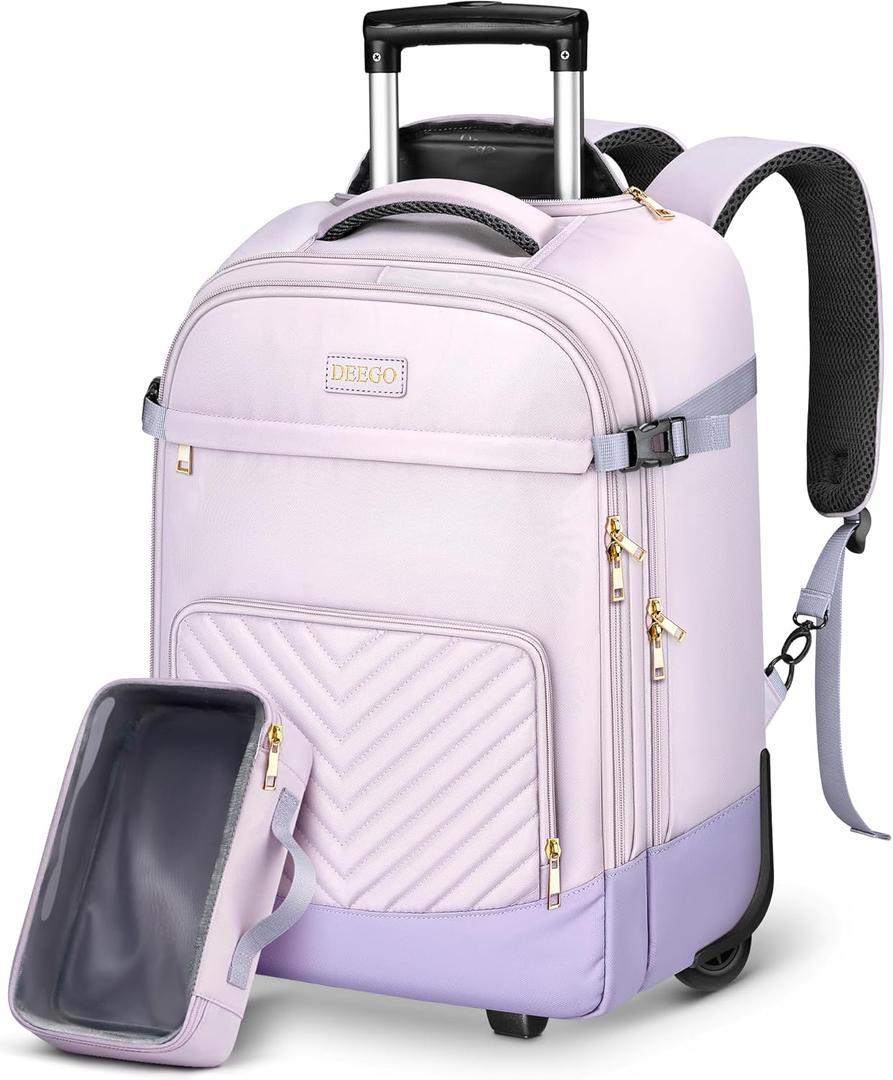 DEEGO Rolling Backpack for Women, 17.3 inch Travel Laptop Backpack with wheels for Business Commute, Water Resistant 40L Large Capacity Roller Carry-on Luggage With Toiletry Bag, Suitcase for Adults