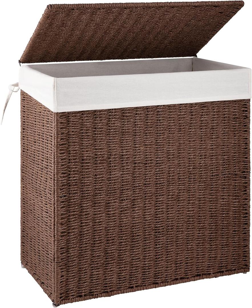 OIAHOMY Laundry Hamper with Lid, 110L(29.1 Gal) Large Wicker Laundry Basket for Bedroom, Handwoven Paper Rope Clothes Hamper with Washable Liner & Metal Frame, Decorative organizer for Bathroom Brown