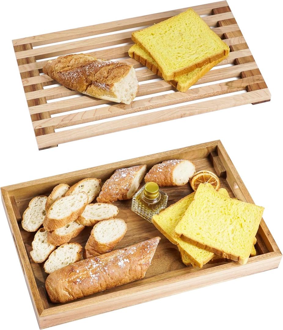 Wood Bread Cutting Board With Slicer, Crumb Tray and Holder - Serving Tray for Kitchen, Color Combination Design - For Cake, Bagels - 9.53" Wide x 1.46" Tall