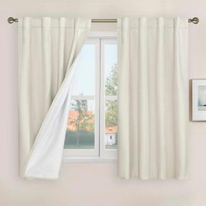 LAMIT Ivory 100% Blackout Linen Curtains 48 Inches Long, Linen Textured Living Room Kitchen Curtains Full Room Darkening Back Tab and Rod Pocket Panels with White Liner, 2 Panels, 34 x 48 Inch
