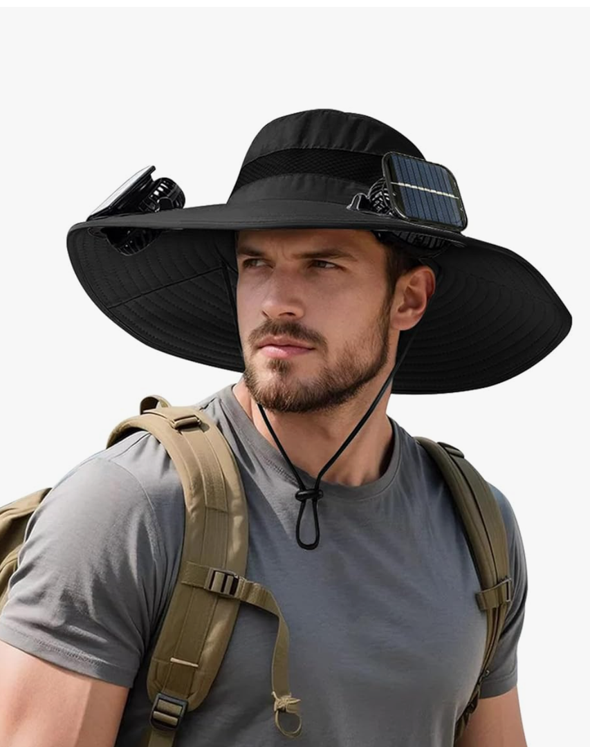 ATNKE Solar Fan Sun Hat,UPF 50+ Fishing & Beach Summer Wide Brim Hats with 2 Built in Solar Fans Gifts for Men and Women (Black)