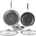 Nonstick Frying Pan Set with 3 Lids, 8+10+12 Inch, Honeycomb Stainless Steel Skillet Pans Set, PFOA-Free Scratch-Proof, Dishwasher & Oven Safe, Compatible with All Cooktops