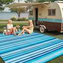 Outdoor Plastic Straw Rug Waterproof Patio 8x10 Blue Teal Stripe Mat for Porch Camping RV Balcony Deck Courtyard Reversible Lightweight Durable Portable Carpet
