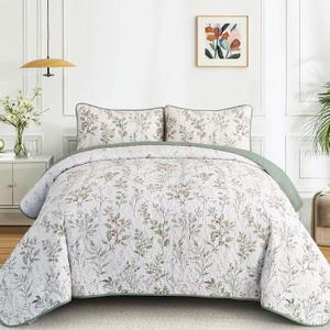 Anibedding Queen Size Quilt Sets Green Floral Pattern Quilt Bedding Set, 3 Pieces Botanical Quilt Soft Microfiber Bed Coverlet for All Season(96" x 90")
