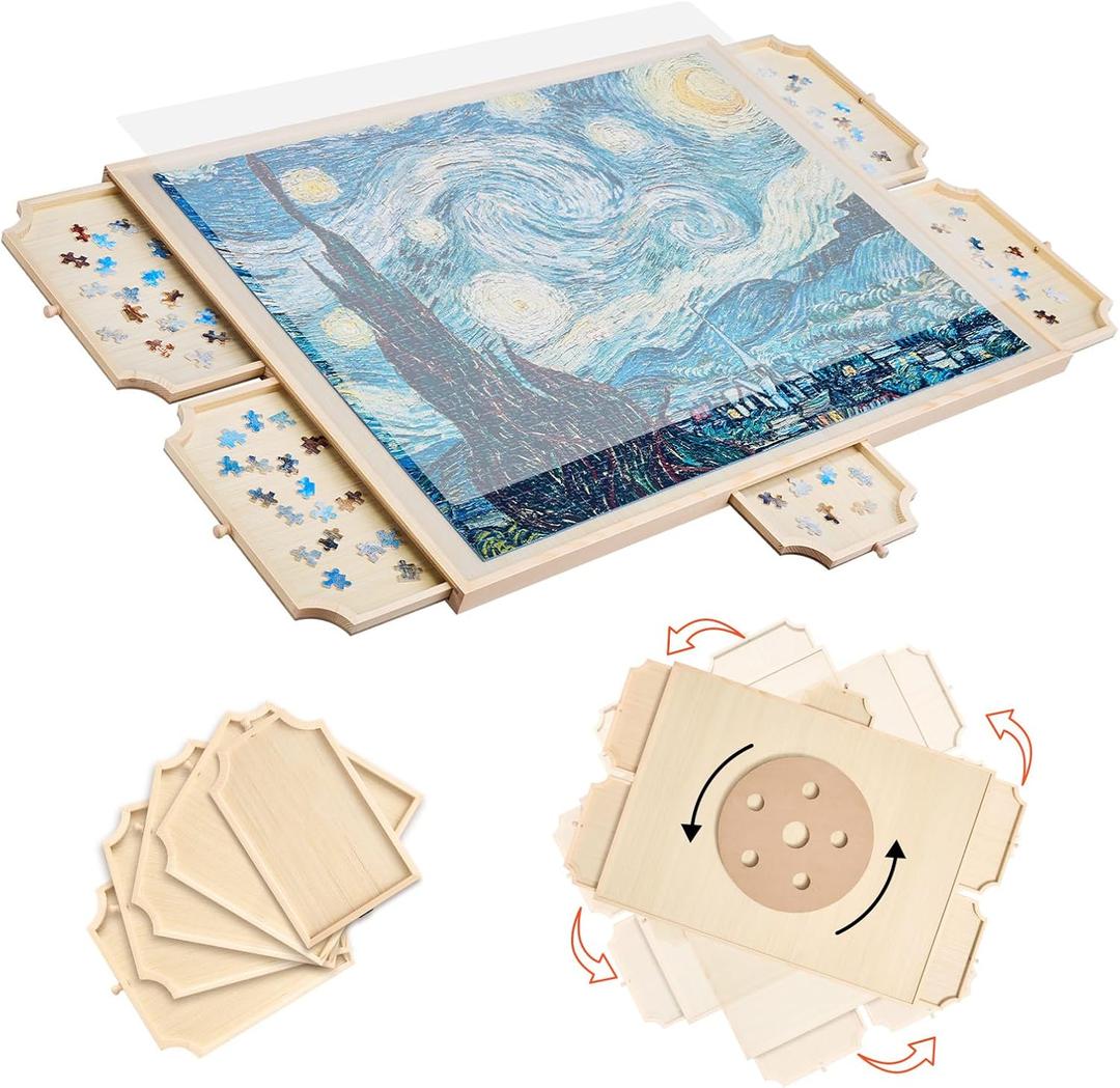 VEVOR 1500 Piece Revolving Puzzle Board with 5 Drawers and Lid, Portable Wooden Table for Adults Puzzle Accessories, Puzzle Organizer, Birthday Gift for Mom