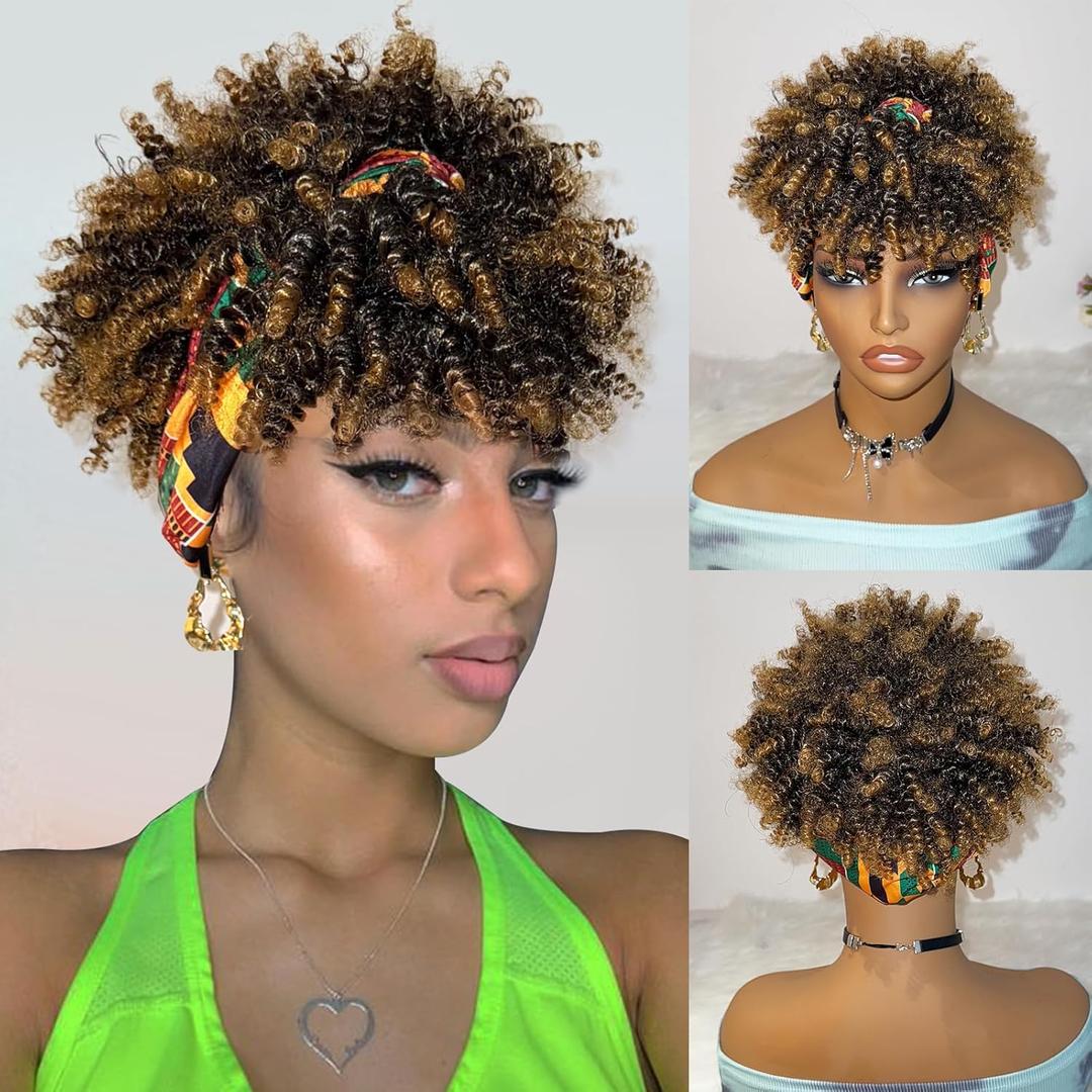 Kinky Curly Afro Puff Wig with Bangs Highlight Blonde Headband Wigs Afro Curly Headband Wig with Bangs Afro Wigs for Black Women Turban Wrap-Wigs 4inch