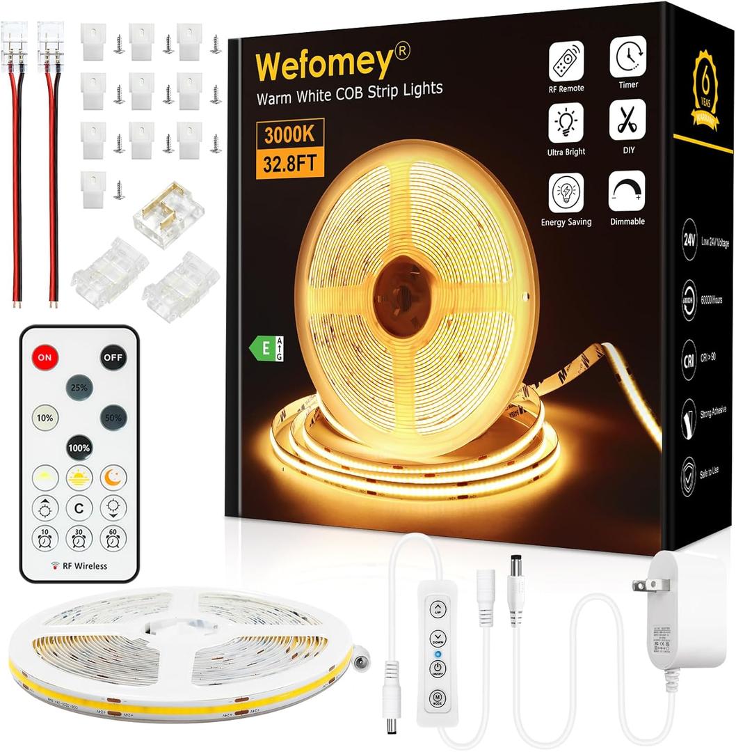 COB LED Strip Light Warm White 3000K, 32.8ft Dimmable Bright 24V Led Tape Light with RF Remote, Indoor COB Led Lights for Bedroom Kitchen Under Cabinet DIY Lighting, 1 Rolls of 32.8ft