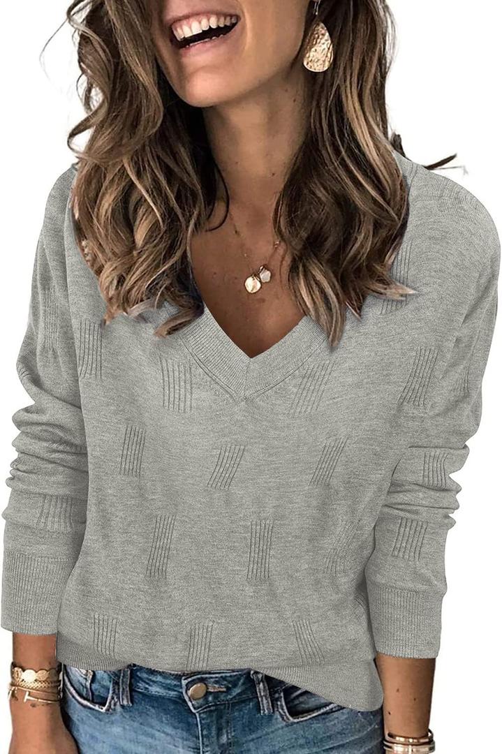 Arach&Cloz Women's Soft V Neck Long Sleeve Fall Casual Regular Fit Sweater Tops (Gray, M)