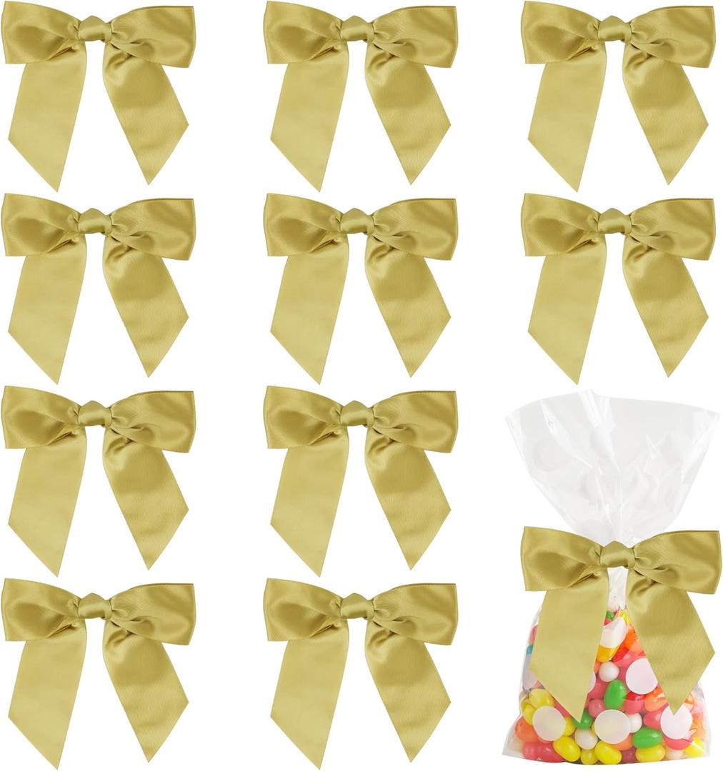 AIMUDI Satin Twist Tie Bows for Treat Bags 4.5" Pre-Tied Gold Bows with Twist Ties Gold Ribbon Bows for Crafts Premade Bows for Gift Wrap Christmas Tree Wedding Decor Party Favors Goodies - 36 PCs