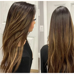 Ombre Caramel Brown Highlights Wigs With Bleached Knots Brazilian Remy Hair Balayage Colored for Women Highlight Straight Glueless Wigs 16"