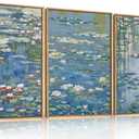Large Nature Lilies Ponds Framed Canvas Wall Art,Impressionist Flower Wall Decor,Claude Monet Style Wall Painting,Garden Botanical Artwork for Living Room,Bedroom,Dining Room,Office -24"x36"x3