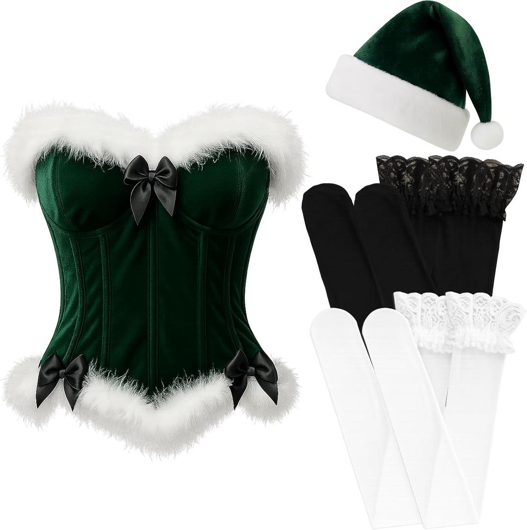 Haysandy 4 Pcs Sexy Christmas Santa Lingerie Costume Women Girls Claus Costume Dress Hat for Xmas Outfits (Medium, Green)