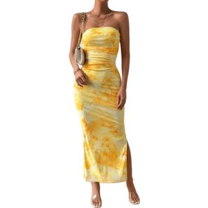 LIGHT DOT Women's Summer Dress Printed Strapless Tube Bodycon Maxi Side Slit Mesh Layered (Yellow, M)