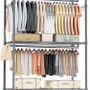 Homdox Heavy Duty Rolling Clothing Rack, Adjustable Garment Rack with 3 Tier Storage Shelves, Freestanding Closet Wardrobe for Hanging Clothes with Side Hooks, Gray