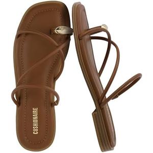 CUSHIONAIRE Venue Women’s Strappy Toe-Loop Slide Sandals with Gold-Tone Accent & Memory Foam Comfort, COGNAC 8